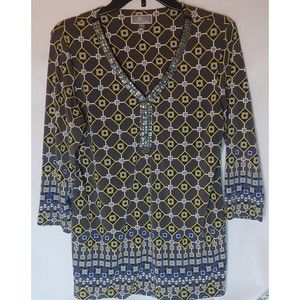 JM Collection V Neck Blouse Geo Print Womens Size S